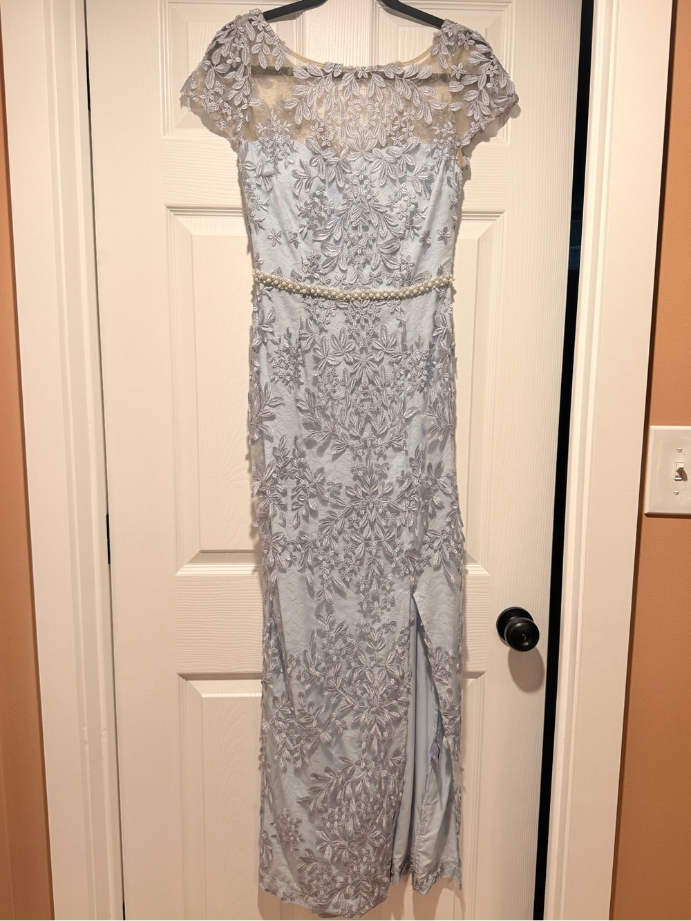 JS Collections Light Blue Lace Gown with Pearl Waist